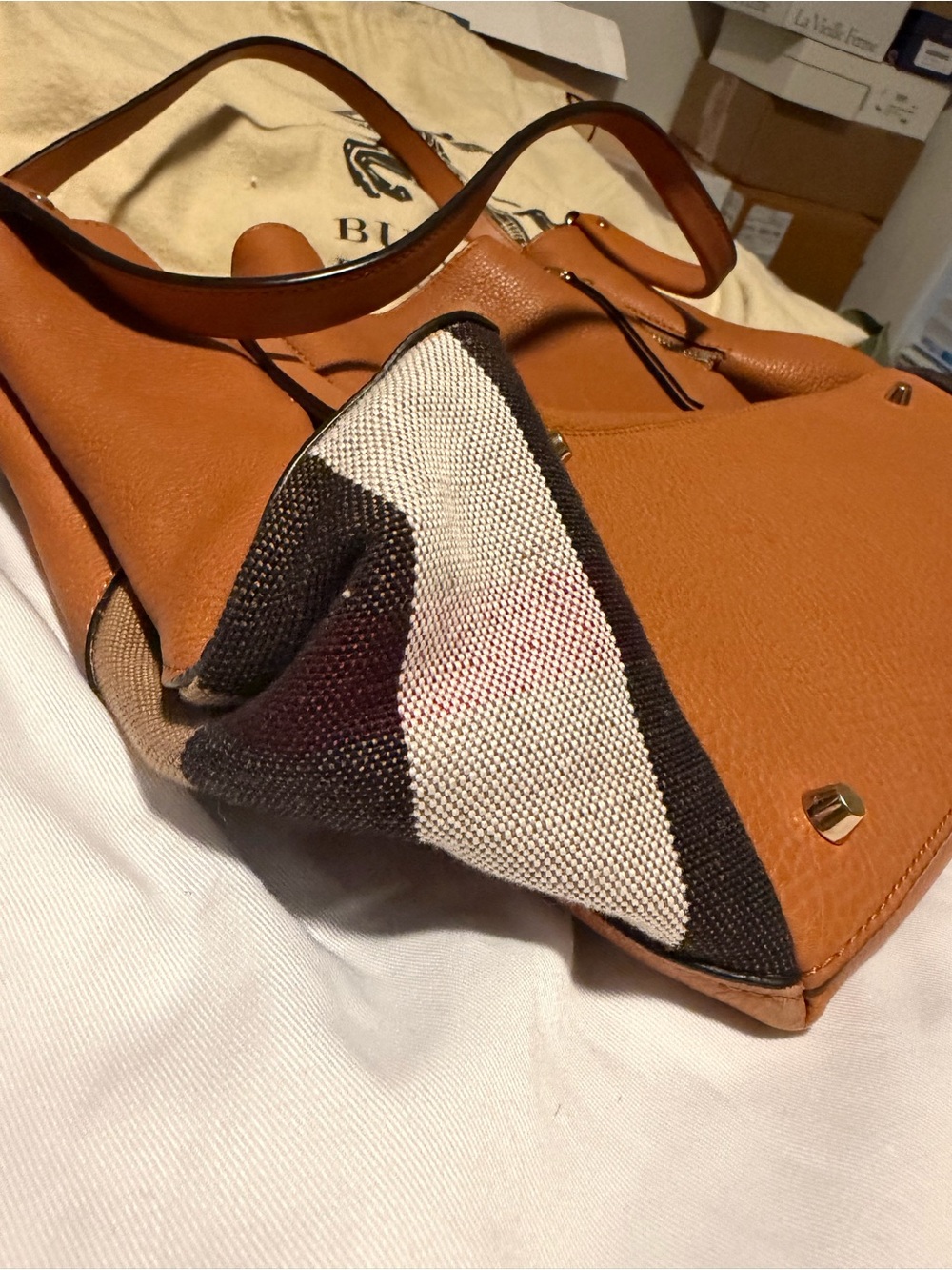 BURBERRY Brown Leather And House Check Canvas Medium Maidstone Tote Bag - Picture 9 of 14